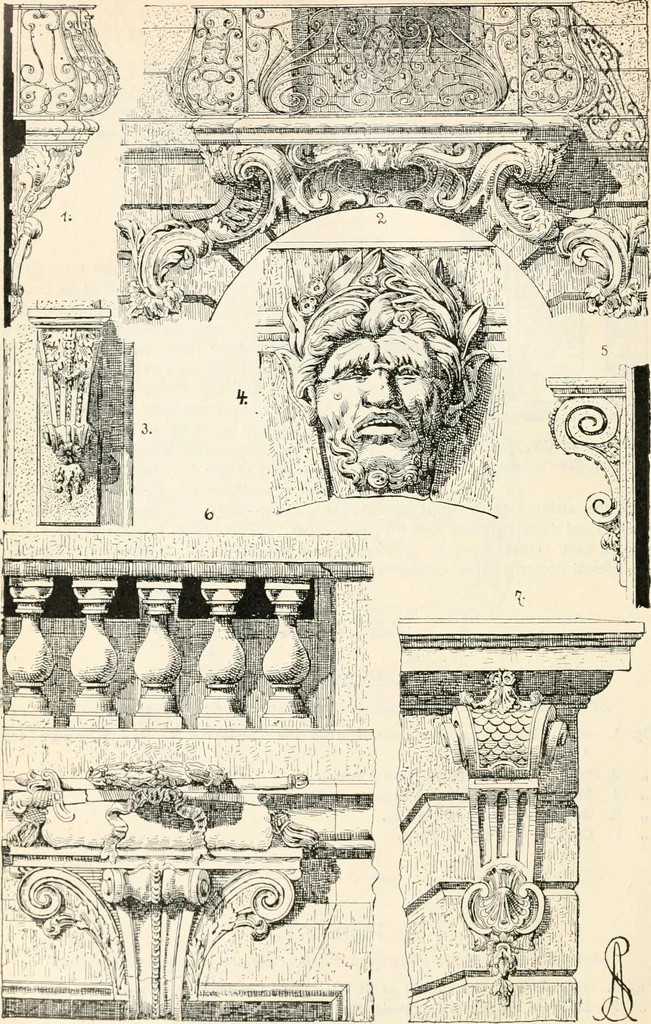 An illustration from Styles of ornament, exhibited in designs, and arranged in historical order, with descriptive text. A handbook for architects, designers, painters, sculptors, wood-carvers, chasers, modellers, cabinet-makers and artistic locksmiths as well as also for technical schools, libraries and private study, 1910, leaf 465
