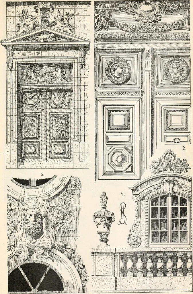 An illustration from Styles of ornament, exhibited in designs, and arranged in historical order, with descriptive text. A handbook for architects, designers, painters, sculptors, wood-carvers, chasers, modellers, cabinet-makers and artistic locksmiths as well as also for technical schools, libraries and private study, 1910, leaf 466