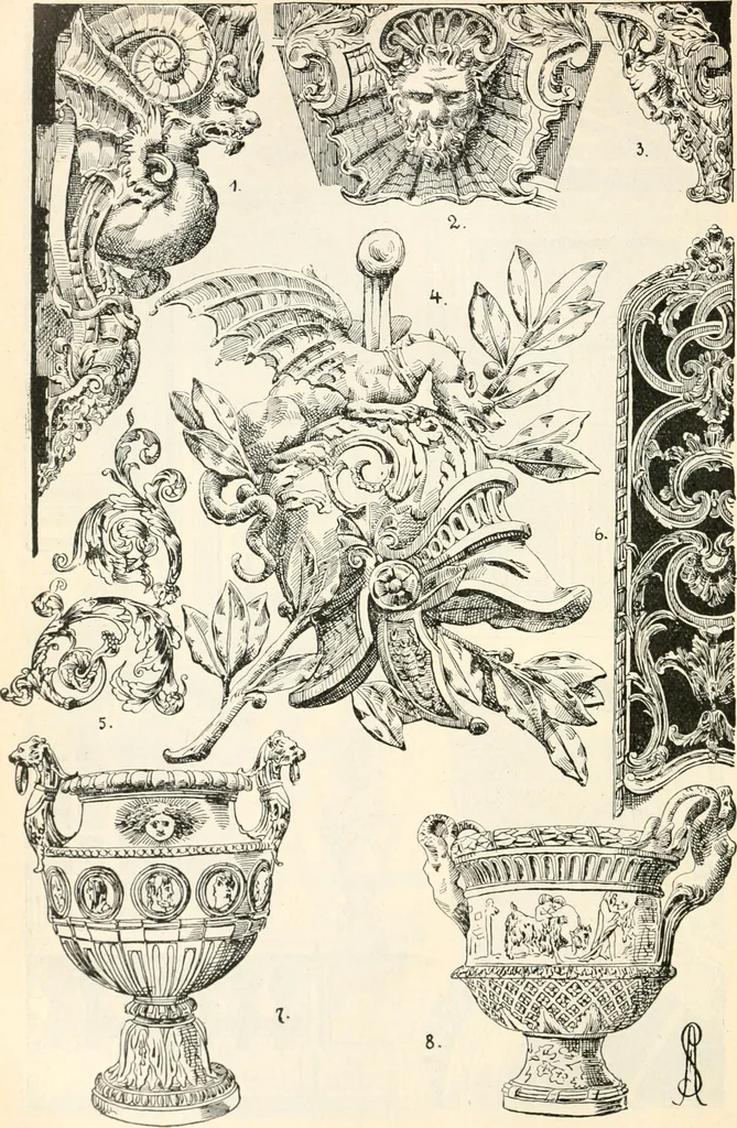 An illustration from Styles of ornament, exhibited in designs, and arranged in historical order, with descriptive text. A handbook for architects, designers, painters, sculptors, wood-carvers, chasers, modellers, cabinet-makers and artistic locksmiths as well as also for technical schools, libraries and private study, 1910, leaf 467