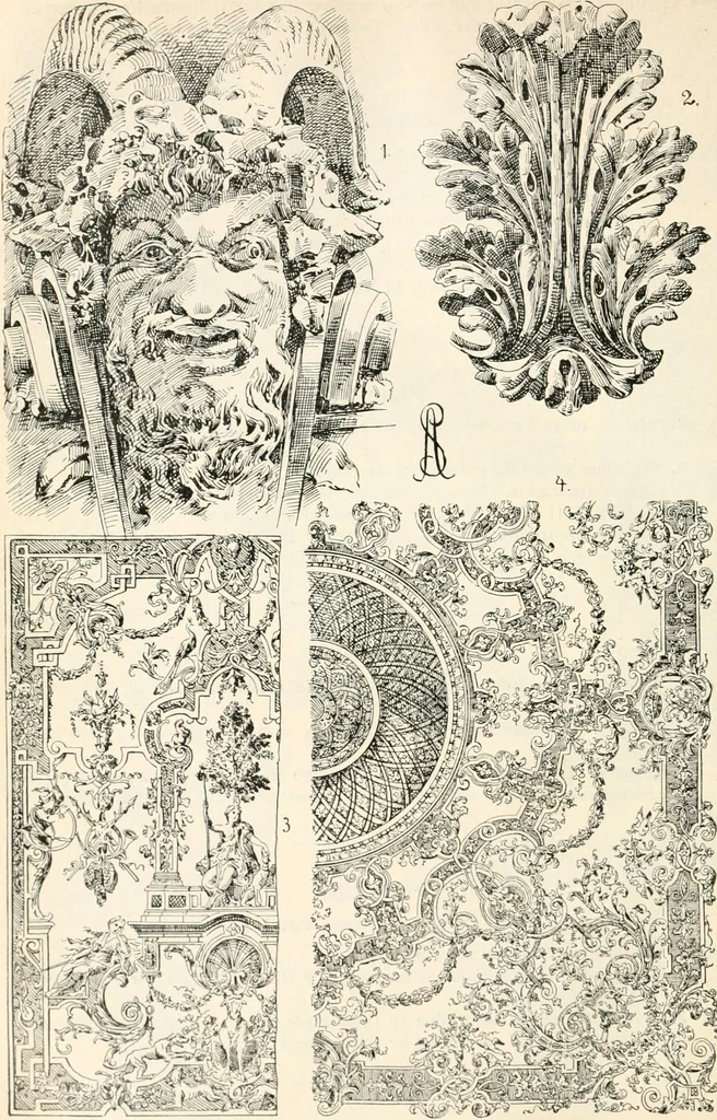 An illustration from Styles of ornament, exhibited in designs, and arranged in historical order, with descriptive text. A handbook for architects, designers, painters, sculptors, wood-carvers, chasers, modellers, cabinet-makers and artistic locksmiths as well as also for technical schools, libraries and private study, 1910, leaf 469