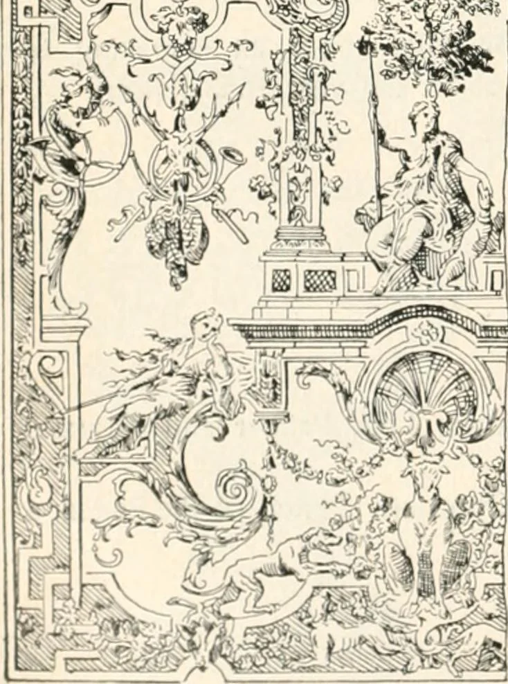 An illustration from Styles of ornament, exhibited in designs, and arranged in historical order, with descriptive text. A handbook for architects, designers, painters, sculptors, wood-carvers, chasers, modellers, cabinet-makers and artistic locksmiths as well as also for technical schools, libraries and private study, 1910, leaf 469