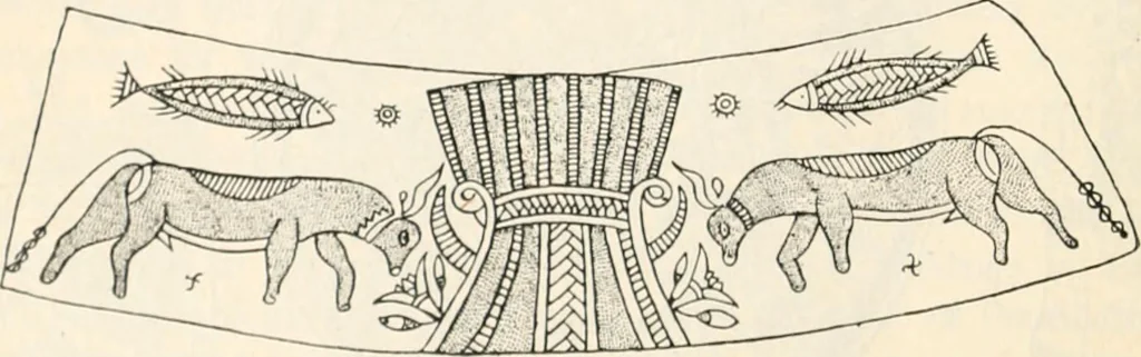 An illustration from Styles of ornament, exhibited in designs, and arranged in historical order, with descriptive text. A handbook for architects, designers, painters, sculptors, wood-carvers, chasers, modellers, cabinet-makers and artistic locksmiths as well as also for technical schools, libraries and private study, 1910, leaf 47