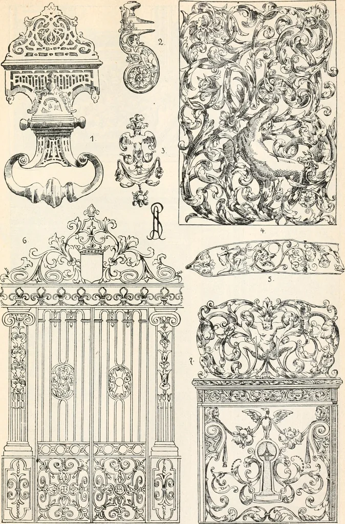 An illustration from Styles of ornament, exhibited in designs, and arranged in historical order, with descriptive text. A handbook for architects, designers, painters, sculptors, wood-carvers, chasers, modellers, cabinet-makers and artistic locksmiths as well as also for technical schools, libraries and private study, 1910, leaf 470