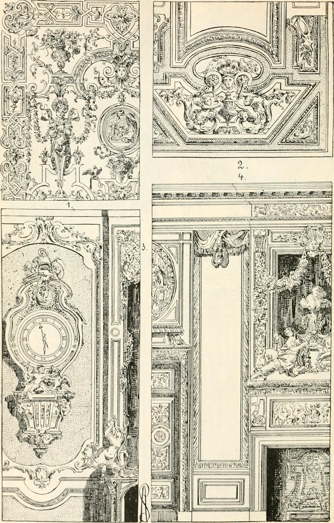 An illustration from Styles of ornament, exhibited in designs, and arranged in historical order, with descriptive text. A handbook for architects, designers, painters, sculptors, wood-carvers, chasers, modellers, cabinet-makers and artistic locksmiths as well as also for technical schools, libraries and private study, 1910, leaf 471
