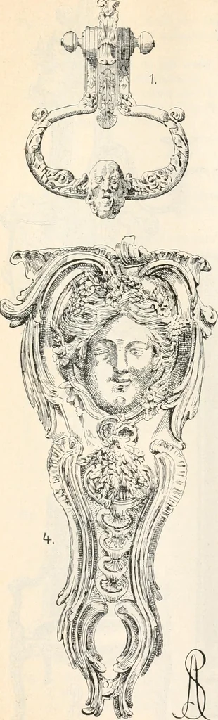 An illustration from Styles of ornament, exhibited in designs, and arranged in historical order, with descriptive text. A handbook for architects, designers, painters, sculptors, wood-carvers, chasers, modellers, cabinet-makers and artistic locksmiths as well as also for technical schools, libraries and private study, 1910, leaf 472