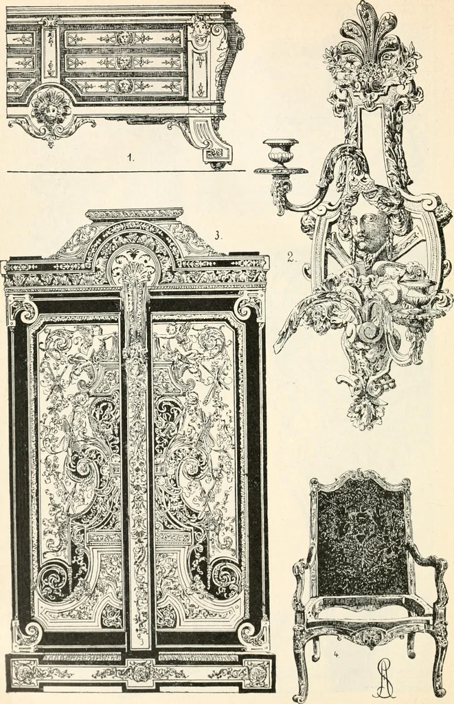 An illustration from Styles of ornament, exhibited in designs, and arranged in historical order, with descriptive text. A handbook for architects, designers, painters, sculptors, wood-carvers, chasers, modellers, cabinet-makers and artistic locksmiths as well as also for technical schools, libraries and private study, 1910, leaf 473