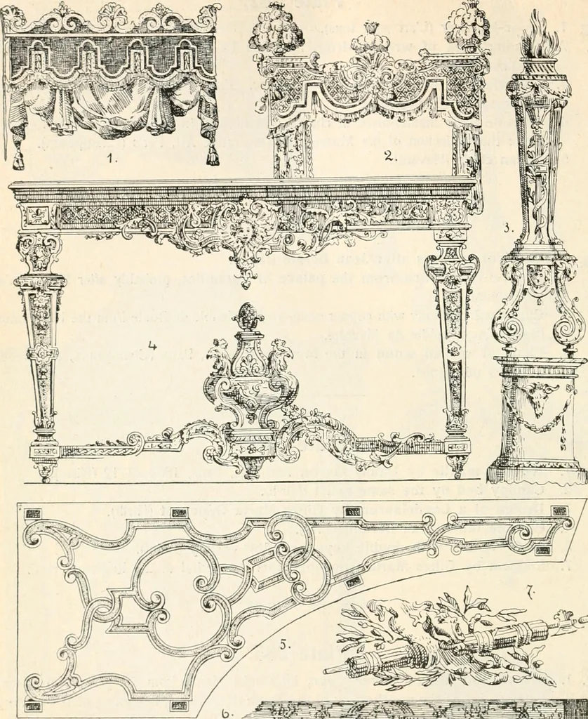 An illustration from Styles of ornament, exhibited in designs, and arranged in historical order, with descriptive text. A handbook for architects, designers, painters, sculptors, wood-carvers, chasers, modellers, cabinet-makers and artistic locksmiths as well as also for technical schools, libraries and private study, 1910, leaf 475