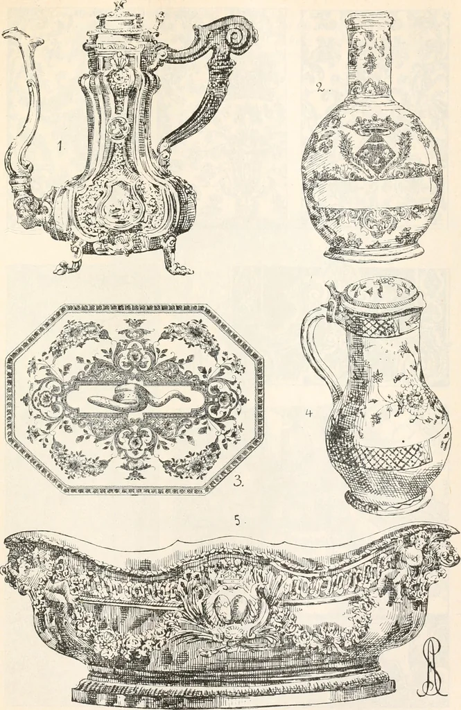 An illustration from Styles of ornament, exhibited in designs, and arranged in historical order, with descriptive text. A handbook for architects, designers, painters, sculptors, wood-carvers, chasers, modellers, cabinet-makers and artistic locksmiths as well as also for technical schools, libraries and private study, 1910, leaf 476