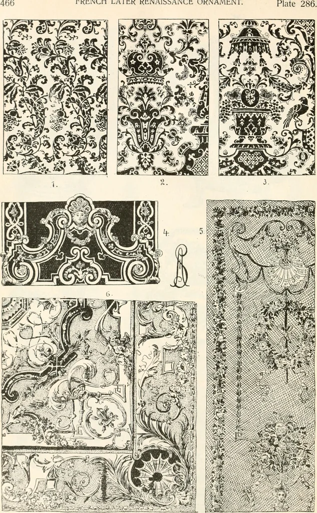 An illustration from Styles of ornament, exhibited in designs, and arranged in historical order, with descriptive text. A handbook for architects, designers, painters, sculptors, wood-carvers, chasers, modellers, cabinet-makers and artistic locksmiths as well as also for technical schools, libraries and private study, 1910, leaf 477