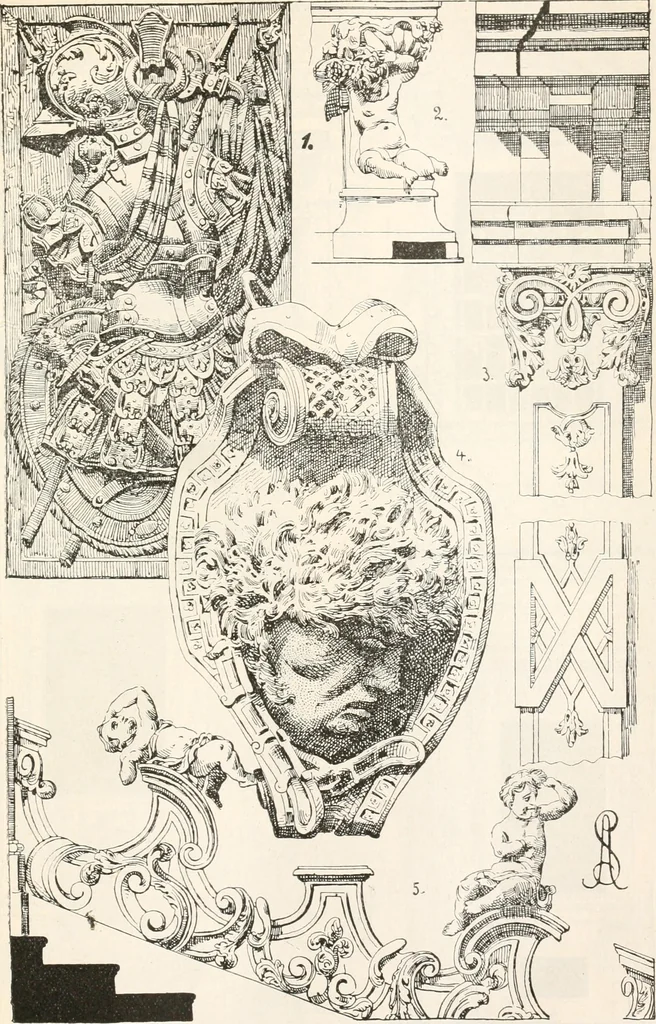 An illustration from Styles of ornament, exhibited in designs, and arranged in historical order, with descriptive text. A handbook for architects, designers, painters, sculptors, wood-carvers, chasers, modellers, cabinet-makers and artistic locksmiths as well as also for technical schools, libraries and private study, 1910, leaf 480
