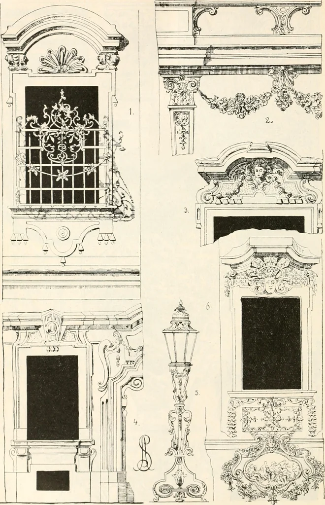 An illustration from Styles of ornament, exhibited in designs, and arranged in historical order, with descriptive text. A handbook for architects, designers, painters, sculptors, wood-carvers, chasers, modellers, cabinet-makers and artistic locksmiths as well as also for technical schools, libraries and private study, 1910, leaf 481