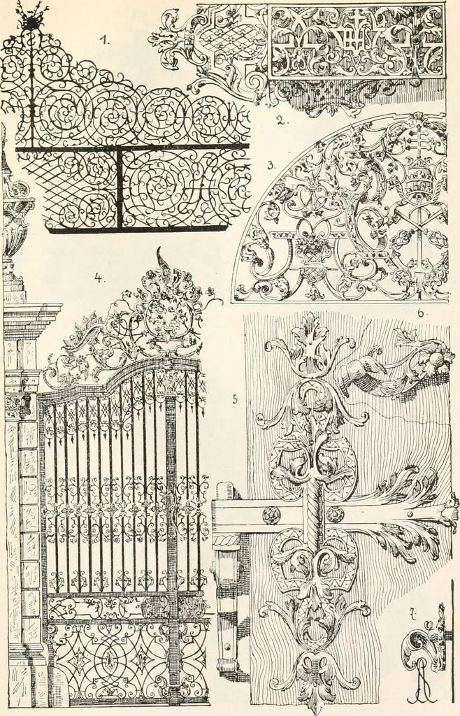 An illustration from Styles of ornament, exhibited in designs, and arranged in historical order, with descriptive text. A handbook for architects, designers, painters, sculptors, wood-carvers, chasers, modellers, cabinet-makers and artistic locksmiths as well as also for technical schools, libraries and private study, 1910, leaf 482