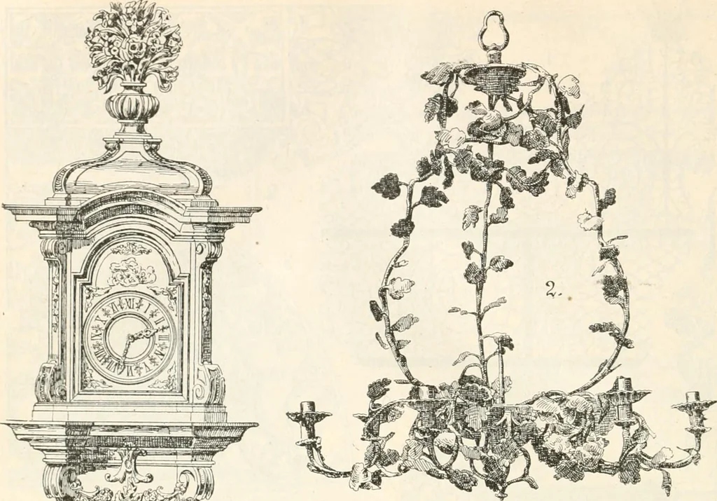 An illustration from Styles of ornament, exhibited in designs, and arranged in historical order, with descriptive text. A handbook for architects, designers, painters, sculptors, wood-carvers, chasers, modellers, cabinet-makers and artistic locksmiths as well as also for technical schools, libraries and private study, 1910, leaf 483