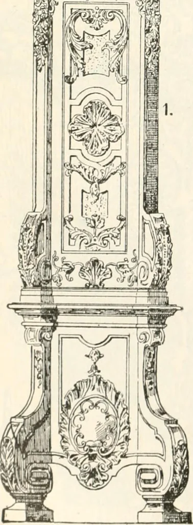 An illustration from Styles of ornament, exhibited in designs, and arranged in historical order, with descriptive text. A handbook for architects, designers, painters, sculptors, wood-carvers, chasers, modellers, cabinet-makers and artistic locksmiths as well as also for technical schools, libraries and private study, 1910, leaf 483