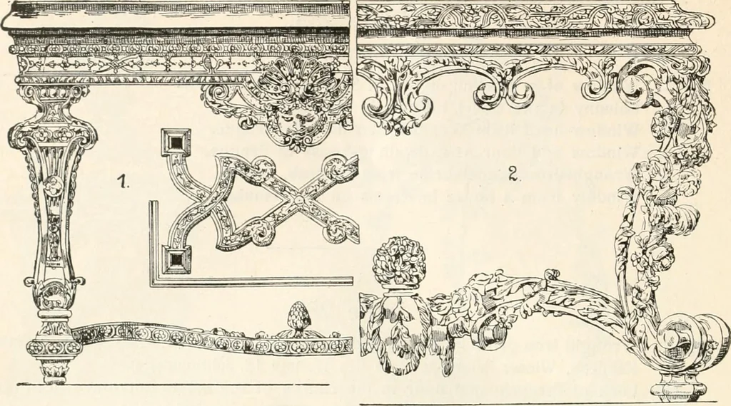 An illustration from Styles of ornament, exhibited in designs, and arranged in historical order, with descriptive text. A handbook for architects, designers, painters, sculptors, wood-carvers, chasers, modellers, cabinet-makers and artistic locksmiths as well as also for technical schools, libraries and private study, 1910, leaf 485