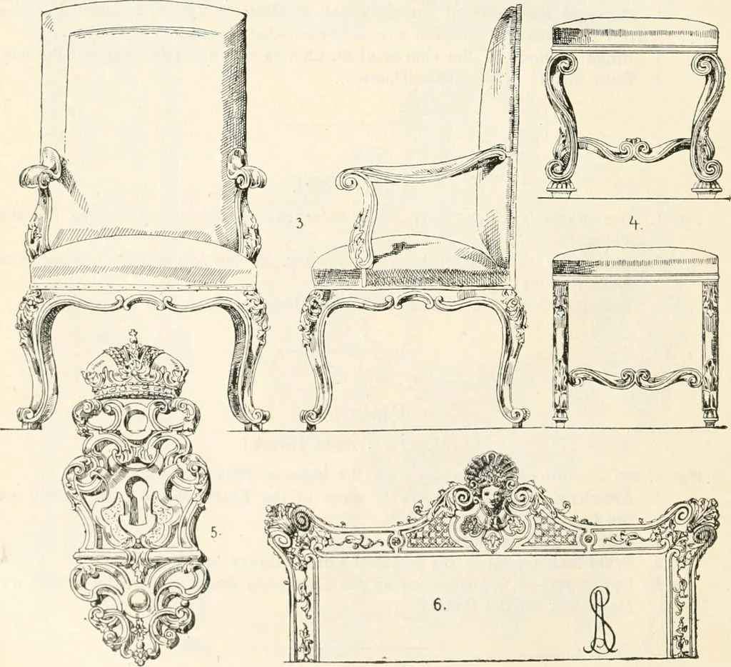 An illustration from Styles of ornament, exhibited in designs, and arranged in historical order, with descriptive text. A handbook for architects, designers, painters, sculptors, wood-carvers, chasers, modellers, cabinet-makers and artistic locksmiths as well as also for technical schools, libraries and private study, 1910, leaf 485