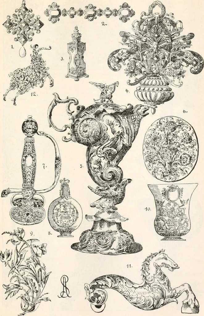 An illustration from Styles of ornament, exhibited in designs, and arranged in historical order, with descriptive text. A handbook for architects, designers, painters, sculptors, wood-carvers, chasers, modellers, cabinet-makers and artistic locksmiths as well as also for technical schools, libraries and private study, 1910, leaf 486