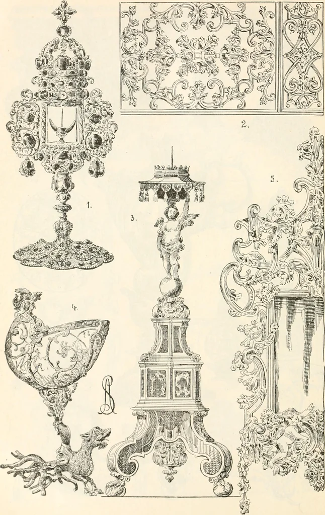 An illustration from Styles of ornament, exhibited in designs, and arranged in historical order, with descriptive text. A handbook for architects, designers, painters, sculptors, wood-carvers, chasers, modellers, cabinet-makers and artistic locksmiths as well as also for technical schools, libraries and private study, 1910, leaf 487