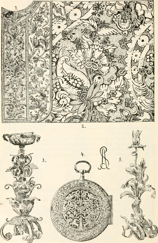 An illustration from Styles of ornament, exhibited in designs, and arranged in historical order, with descriptive text. A handbook for architects, designers, painters, sculptors, wood-carvers, chasers, modellers, cabinet-makers and artistic locksmiths as well as also for technical schools, libraries and private study, 1910, leaf 489