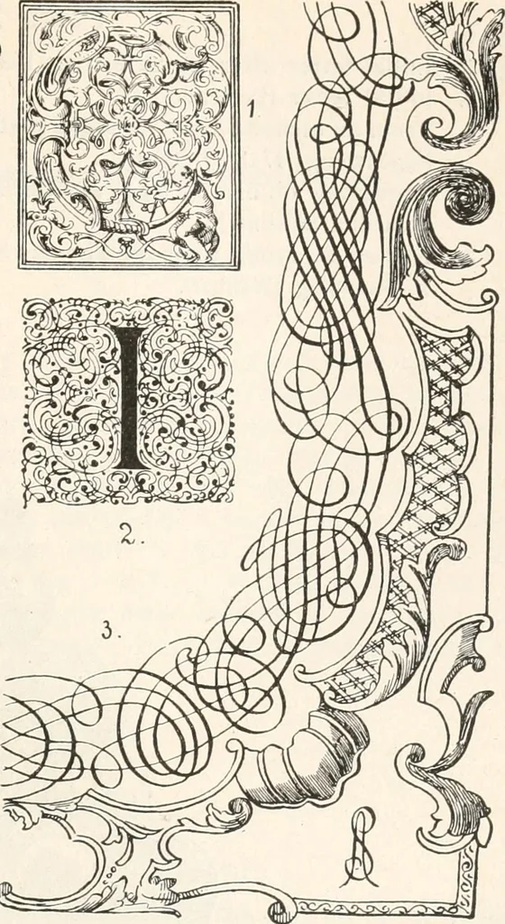 An illustration from Styles of ornament, exhibited in designs, and arranged in historical order, with descriptive text. A handbook for architects, designers, painters, sculptors, wood-carvers, chasers, modellers, cabinet-makers and artistic locksmiths as well as also for technical schools, libraries and private study, 1910, leaf 490