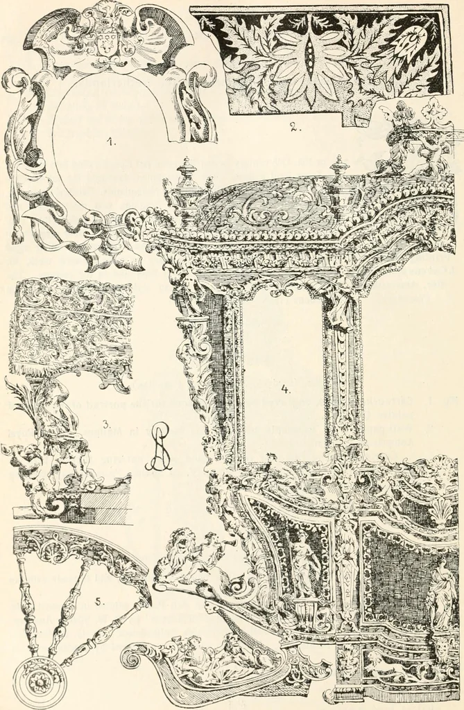 An illustration from Styles of ornament, exhibited in designs, and arranged in historical order, with descriptive text. A handbook for architects, designers, painters, sculptors, wood-carvers, chasers, modellers, cabinet-makers and artistic locksmiths as well as also for technical schools, libraries and private study, 1910, leaf 493