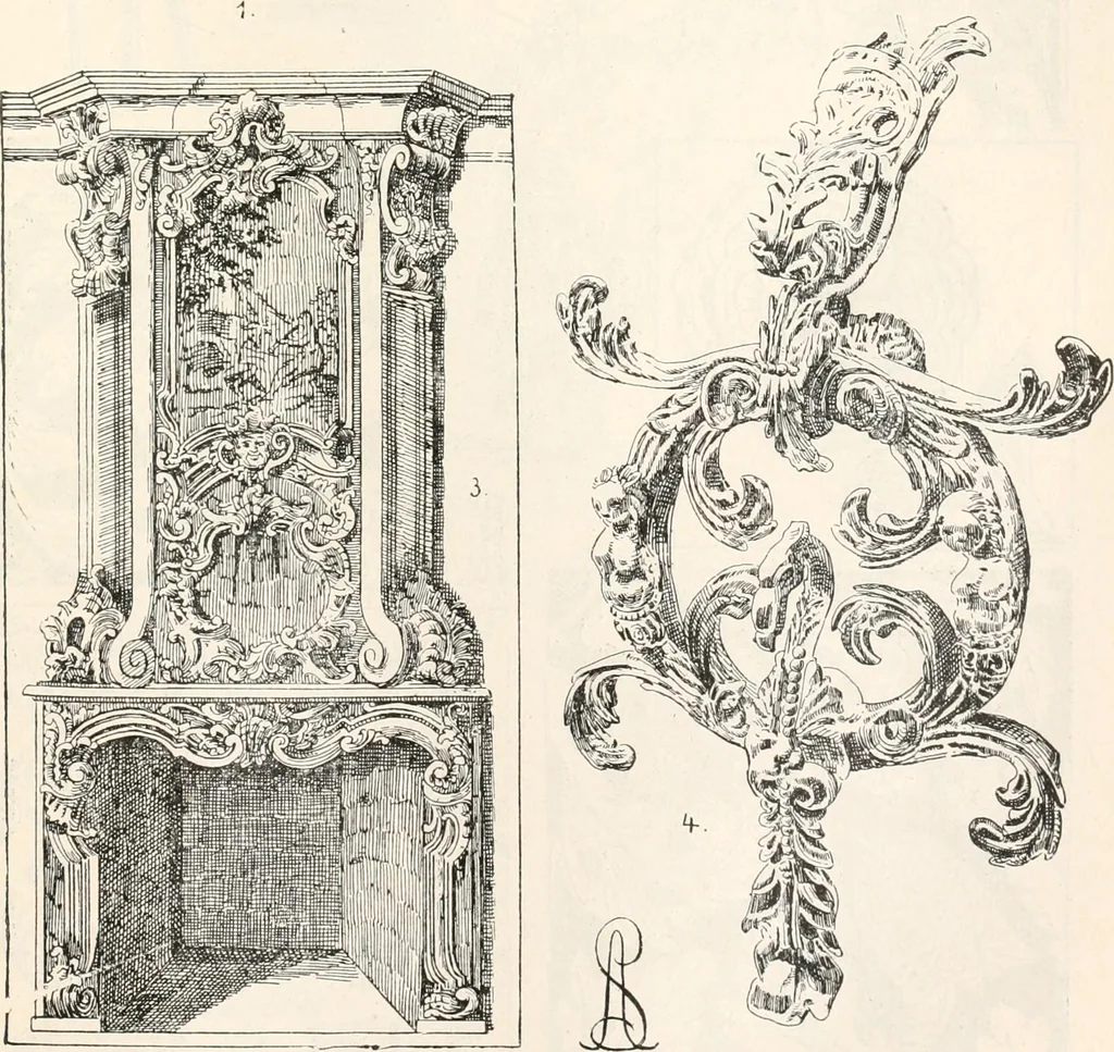 An illustration from Styles of ornament, exhibited in designs, and arranged in historical order, with descriptive text. A handbook for architects, designers, painters, sculptors, wood-carvers, chasers, modellers, cabinet-makers and artistic locksmiths as well as also for technical schools, libraries and private study, 1910, leaf 494