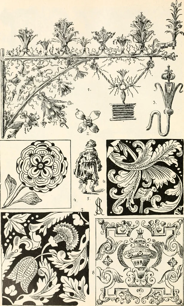 An illustration from Styles of ornament, exhibited in designs, and arranged in historical order, with descriptive text. A handbook for architects, designers, painters, sculptors, wood-carvers, chasers, modellers, cabinet-makers and artistic locksmiths as well as also for technical schools, libraries and private study, 1910, leaf 495
