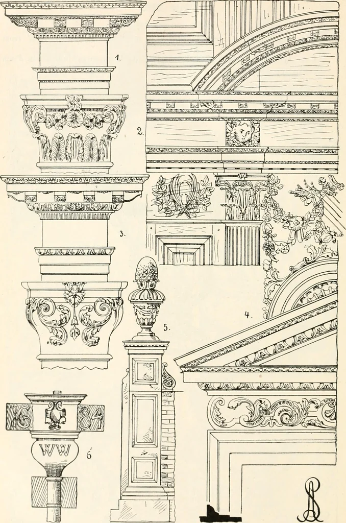 An illustration from Styles of ornament, exhibited in designs, and arranged in historical order, with descriptive text. A handbook for architects, designers, painters, sculptors, wood-carvers, chasers, modellers, cabinet-makers and artistic locksmiths as well as also for technical schools, libraries and private study, 1910, leaf 497