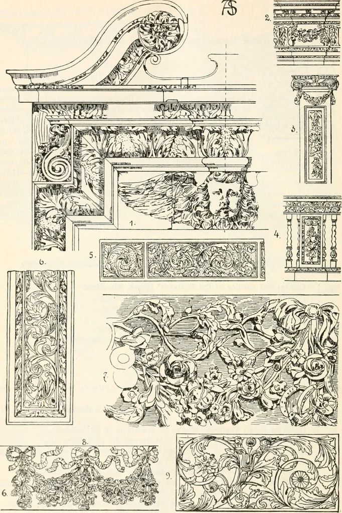An illustration from Styles of ornament, exhibited in designs, and arranged in historical order, with descriptive text. A handbook for architects, designers, painters, sculptors, wood-carvers, chasers, modellers, cabinet-makers and artistic locksmiths as well as also for technical schools, libraries and private study, 1910, leaf 499