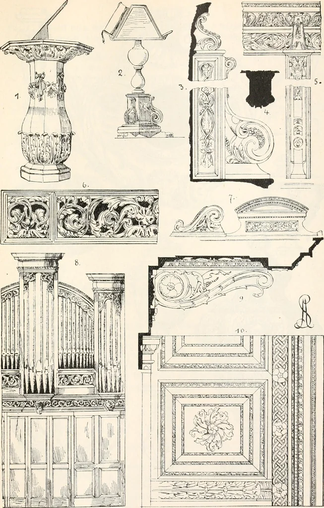 An illustration from Styles of ornament, exhibited in designs, and arranged in historical order, with descriptive text. A handbook for architects, designers, painters, sculptors, wood-carvers, chasers, modellers, cabinet-makers and artistic locksmiths as well as also for technical schools, libraries and private study, 1910, leaf 500