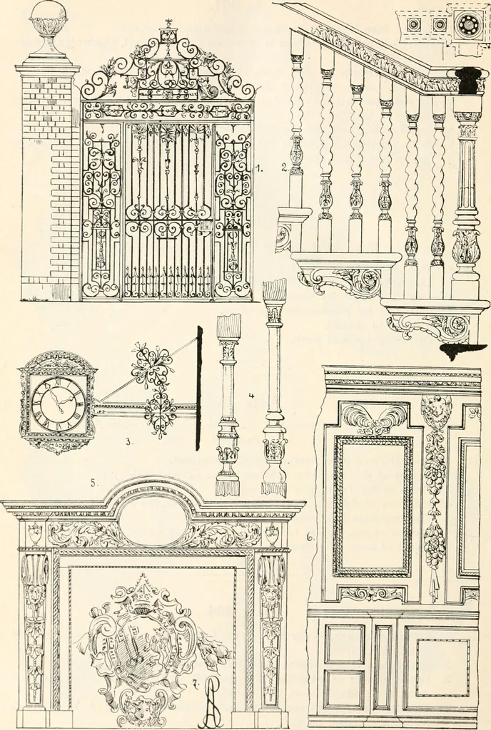 An illustration from Styles of ornament, exhibited in designs, and arranged in historical order, with descriptive text. A handbook for architects, designers, painters, sculptors, wood-carvers, chasers, modellers, cabinet-makers and artistic locksmiths as well as also for technical schools, libraries and private study, 1910, leaf 503
