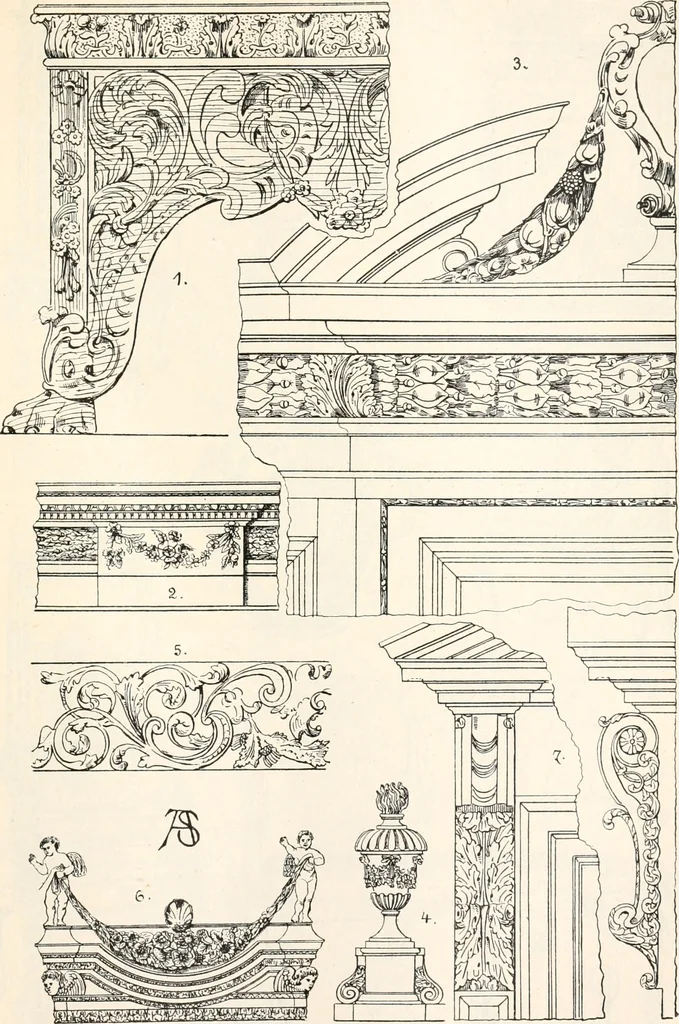 An illustration from Styles of ornament, exhibited in designs, and arranged in historical order, with descriptive text. A handbook for architects, designers, painters, sculptors, wood-carvers, chasers, modellers, cabinet-makers and artistic locksmiths as well as also for technical schools, libraries and private study, 1910, leaf 504