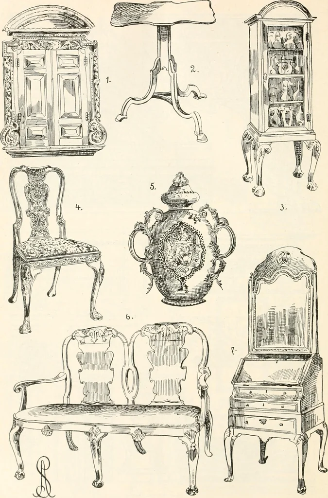 An illustration from Styles of ornament, exhibited in designs, and arranged in historical order, with descriptive text. A handbook for architects, designers, painters, sculptors, wood-carvers, chasers, modellers, cabinet-makers and artistic locksmiths as well as also for technical schools, libraries and private study, 1910, leaf 505