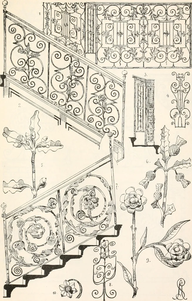 An illustration from Styles of ornament, exhibited in designs, and arranged in historical order, with descriptive text. A handbook for architects, designers, painters, sculptors, wood-carvers, chasers, modellers, cabinet-makers and artistic locksmiths as well as also for technical schools, libraries and private study, 1910, leaf 506