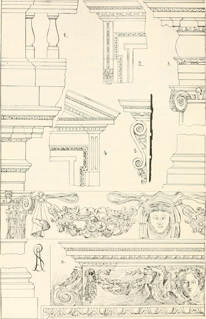 An illustration from Styles of ornament, exhibited in designs, and arranged in historical order, with descriptive text. A handbook for architects, designers, painters, sculptors, wood-carvers, chasers, modellers, cabinet-makers and artistic locksmiths as well as also for technical schools, libraries and private study, 1910, leaf 509