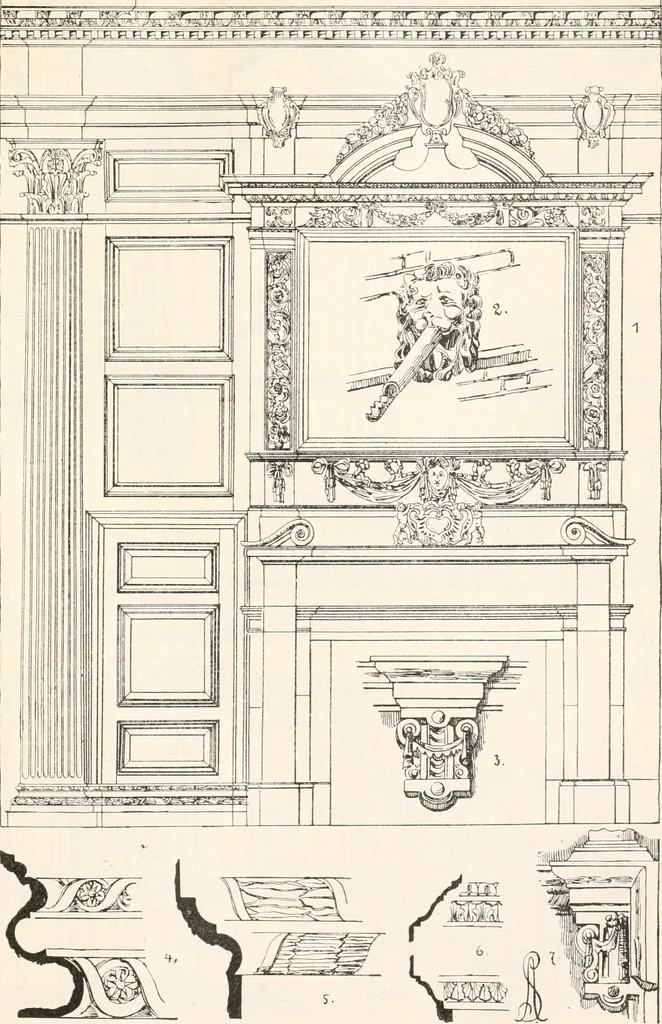 An illustration from Styles of ornament, exhibited in designs, and arranged in historical order, with descriptive text. A handbook for architects, designers, painters, sculptors, wood-carvers, chasers, modellers, cabinet-makers and artistic locksmiths as well as also for technical schools, libraries and private study, 1910, leaf 510