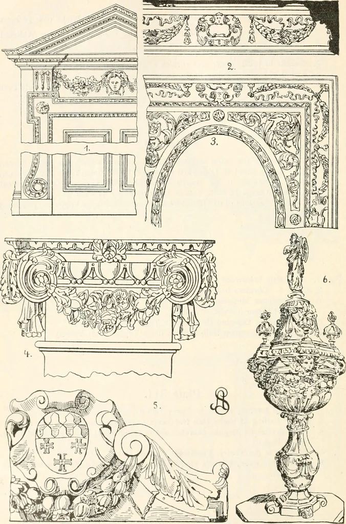 An illustration from Styles of ornament, exhibited in designs, and arranged in historical order, with descriptive text. A handbook for architects, designers, painters, sculptors, wood-carvers, chasers, modellers, cabinet-makers and artistic locksmiths as well as also for technical schools, libraries and private study, 1910, leaf 513