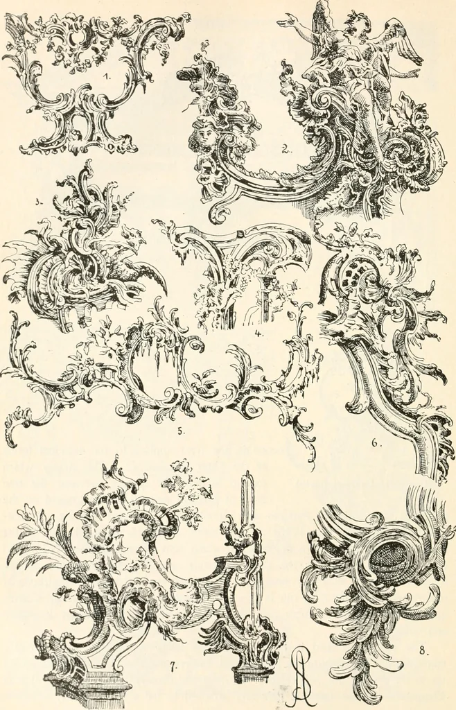 An illustration from Styles of ornament, exhibited in designs, and arranged in historical order, with descriptive text. A handbook for architects, designers, painters, sculptors, wood-carvers, chasers, modellers, cabinet-makers and artistic locksmiths as well as also for technical schools, libraries and private study, 1910, leaf 515
