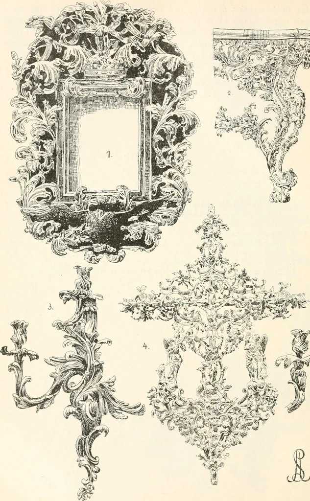 An illustration from Styles of ornament, exhibited in designs, and arranged in historical order, with descriptive text. A handbook for architects, designers, painters, sculptors, wood-carvers, chasers, modellers, cabinet-makers and artistic locksmiths as well as also for technical schools, libraries and private study, 1910, leaf 517