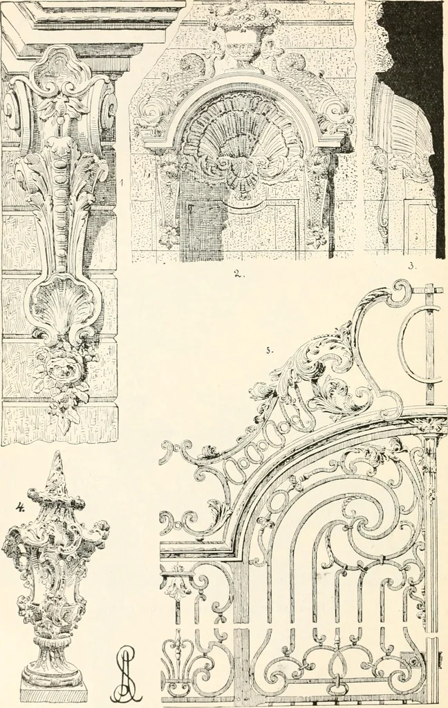 An illustration from Styles of ornament, exhibited in designs, and arranged in historical order, with descriptive text. A handbook for architects, designers, painters, sculptors, wood-carvers, chasers, modellers, cabinet-makers and artistic locksmiths as well as also for technical schools, libraries and private study, 1910, leaf 519