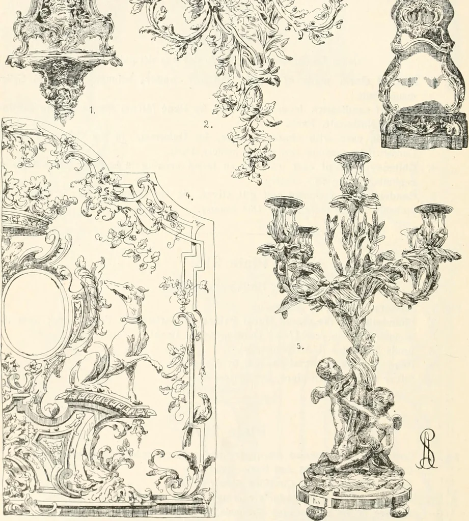 An illustration from Styles of ornament, exhibited in designs, and arranged in historical order, with descriptive text. A handbook for architects, designers, painters, sculptors, wood-carvers, chasers, modellers, cabinet-makers and artistic locksmiths as well as also for technical schools, libraries and private study, 1910, leaf 521