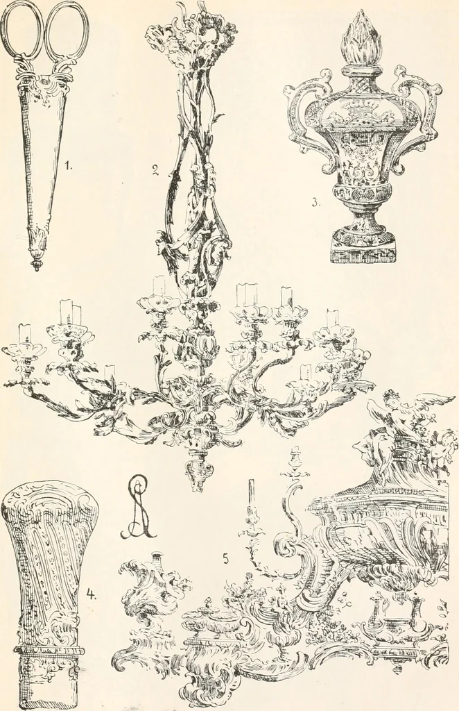 An illustration from Styles of ornament, exhibited in designs, and arranged in historical order, with descriptive text. A handbook for architects, designers, painters, sculptors, wood-carvers, chasers, modellers, cabinet-makers and artistic locksmiths as well as also for technical schools, libraries and private study, 1910, leaf 522