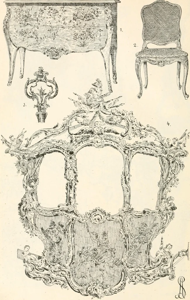An illustration from Styles of ornament, exhibited in designs, and arranged in historical order, with descriptive text. A handbook for architects, designers, painters, sculptors, wood-carvers, chasers, modellers, cabinet-makers and artistic locksmiths as well as also for technical schools, libraries and private study, 1910, leaf 523