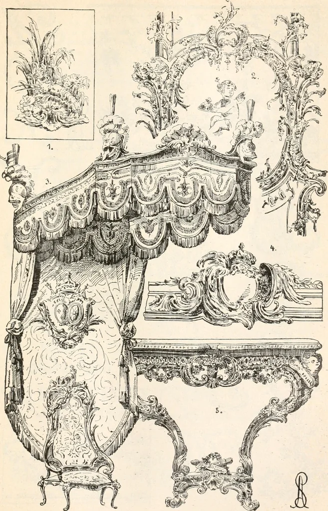 An illustration from Styles of ornament, exhibited in designs, and arranged in historical order, with descriptive text. A handbook for architects, designers, painters, sculptors, wood-carvers, chasers, modellers, cabinet-makers and artistic locksmiths as well as also for technical schools, libraries and private study, 1910, leaf 524