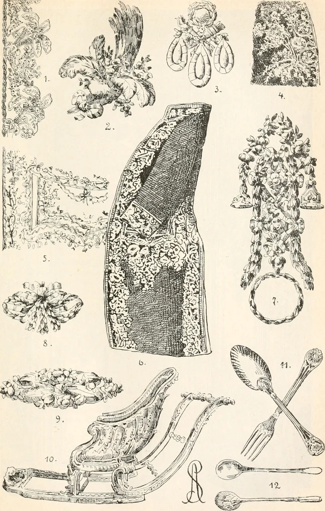 An illustration from Styles of ornament, exhibited in designs, and arranged in historical order, with descriptive text. A handbook for architects, designers, painters, sculptors, wood-carvers, chasers, modellers, cabinet-makers and artistic locksmiths as well as also for technical schools, libraries and private study, 1910, leaf 528