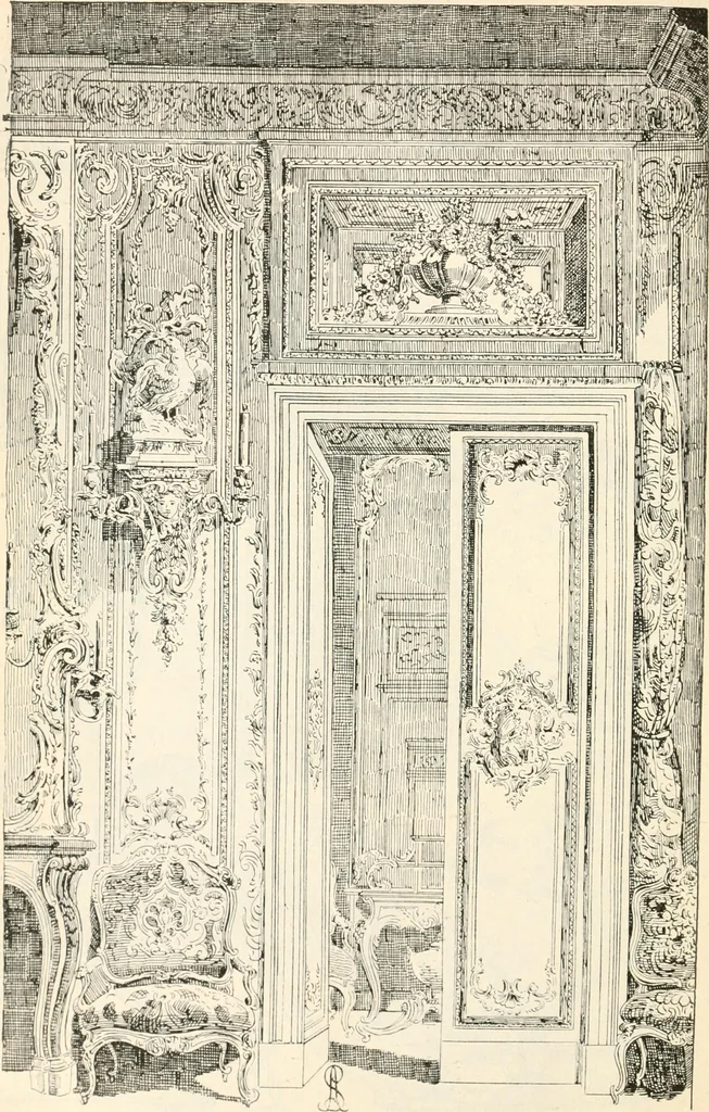 An illustration from Styles of ornament, exhibited in designs, and arranged in historical order, with descriptive text. A handbook for architects, designers, painters, sculptors, wood-carvers, chasers, modellers, cabinet-makers and artistic locksmiths as well as also for technical schools, libraries and private study, 1910, leaf 529