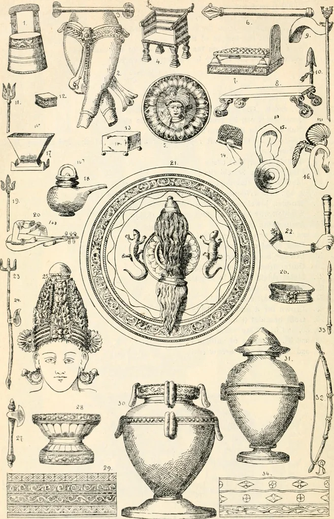 An illustration from Styles of ornament, exhibited in designs, and arranged in historical order, with descriptive text. A handbook for architects, designers, painters, sculptors, wood-carvers, chasers, modellers, cabinet-makers and artistic locksmiths as well as also for technical schools, libraries and private study, 1910, leaf 53