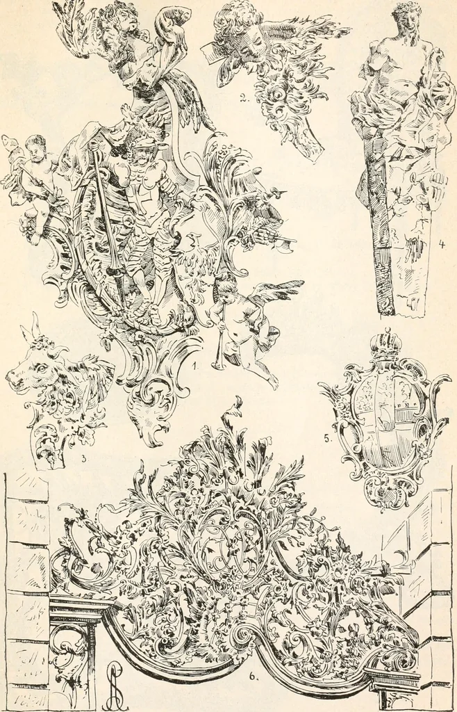 An illustration from Styles of ornament, exhibited in designs, and arranged in historical order, with descriptive text. A handbook for architects, designers, painters, sculptors, wood-carvers, chasers, modellers, cabinet-makers and artistic locksmiths as well as also for technical schools, libraries and private study, 1910, leaf 532