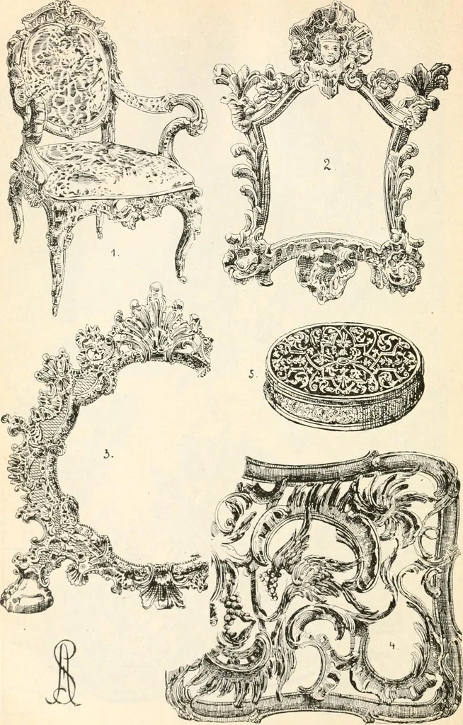 An illustration from Styles of ornament, exhibited in designs, and arranged in historical order, with descriptive text. A handbook for architects, designers, painters, sculptors, wood-carvers, chasers, modellers, cabinet-makers and artistic locksmiths as well as also for technical schools, libraries and private study, 1910, leaf 533