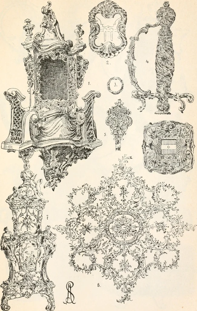 An illustration from Styles of ornament, exhibited in designs, and arranged in historical order, with descriptive text. A handbook for architects, designers, painters, sculptors, wood-carvers, chasers, modellers, cabinet-makers and artistic locksmiths as well as also for technical schools, libraries and private study, 1910, leaf 536